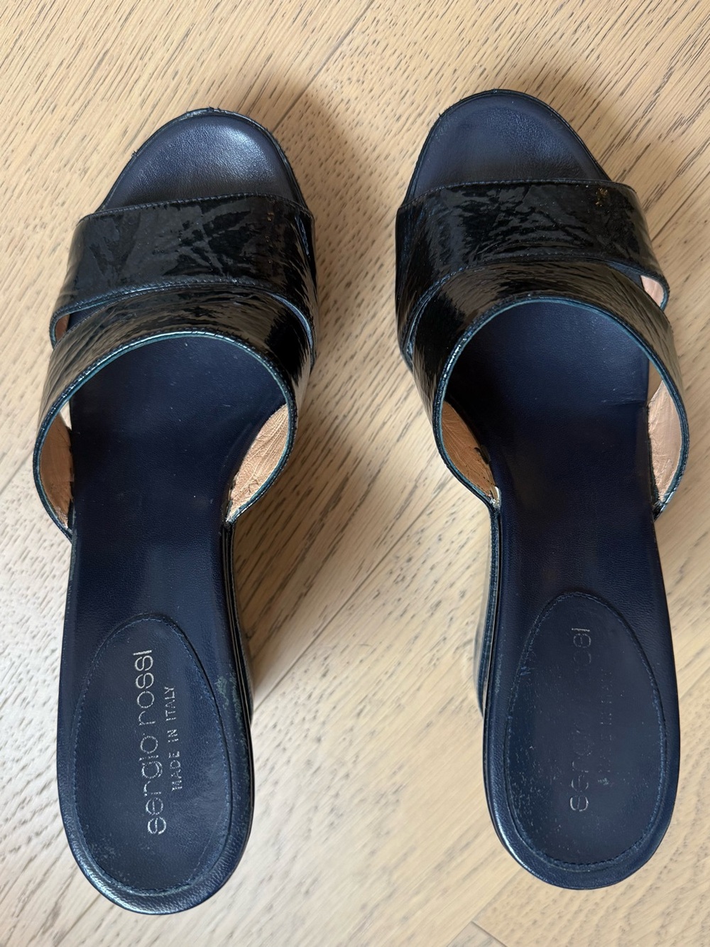 Sergio Rossi Patent Wedge Slide Sandals